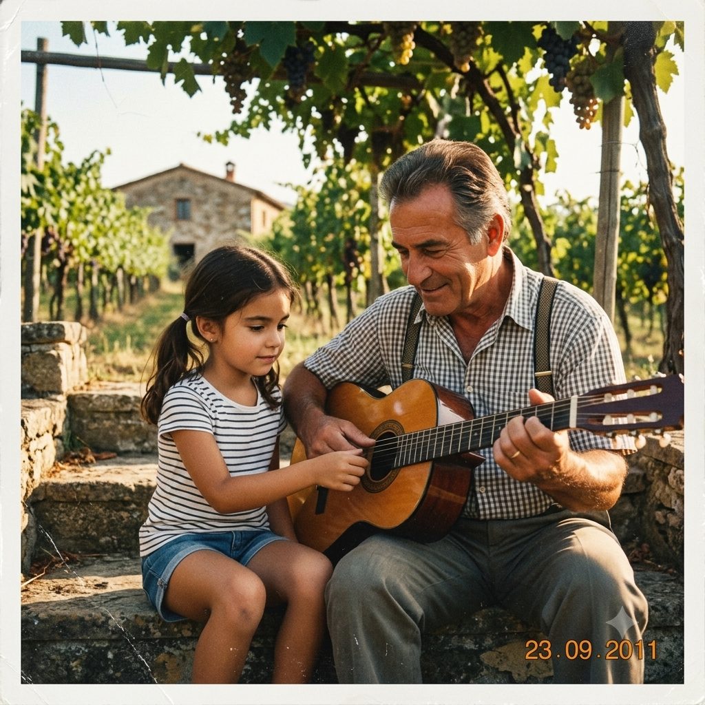 Júlia Pace com o avô na vinha da Toscana, 2011