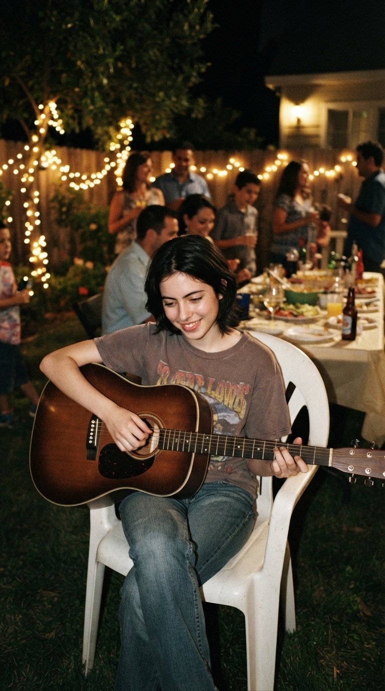 Júlia Pace tocando violão numa festa de família, ainda adolescente