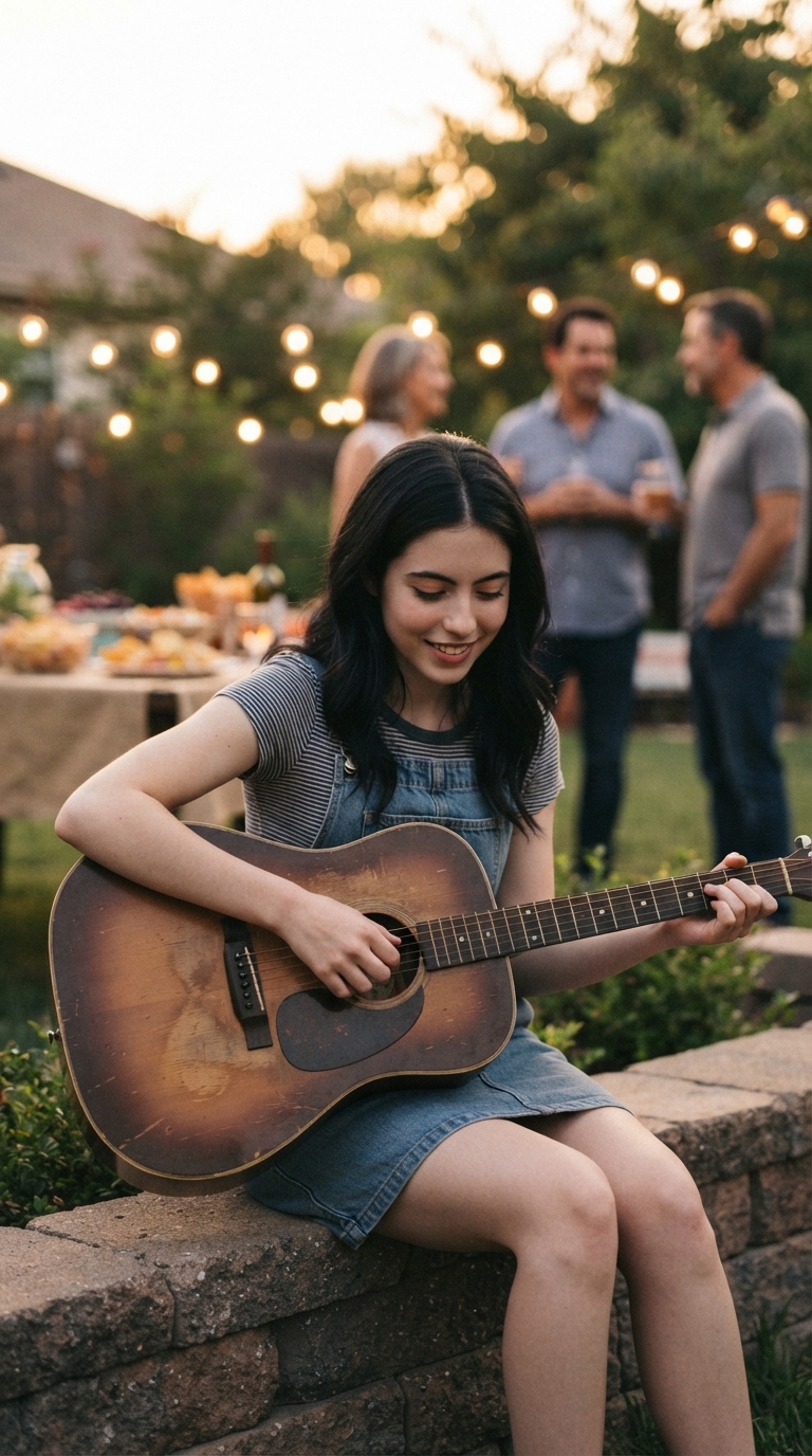 Júlia Pace tocando violão numa festa de família ao entardecer, ainda adolescente