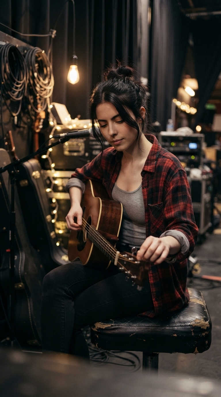 Júlia Pace ensaiando sozinha com o violão
