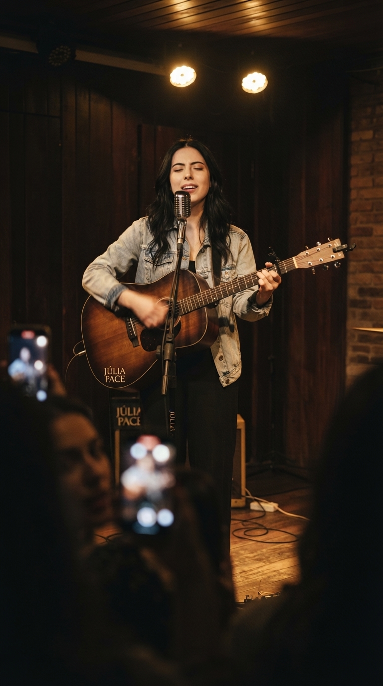 Júlia Pace se apresentando pela primeira vez num barzinho pequeno