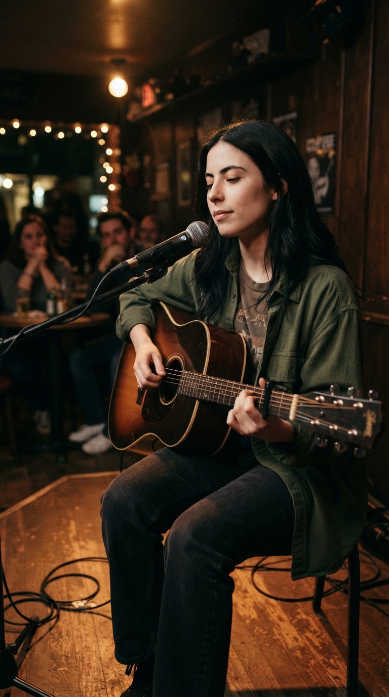Júlia Pace se apresentando num barzinho pequeno