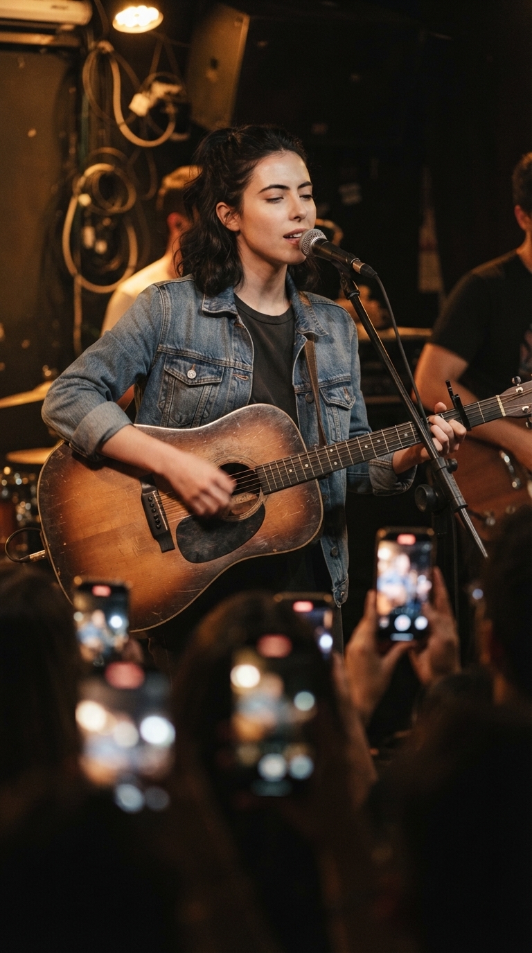 Júlia Pace se apresentando num show pequeno, com o público de perto