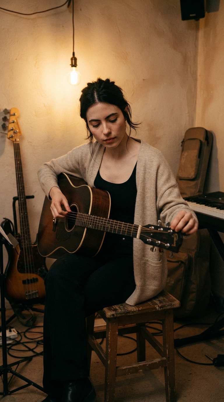 Júlia Pace concentrada nos bastidores, cercada de instrumentos, minutos antes de subir ao palco