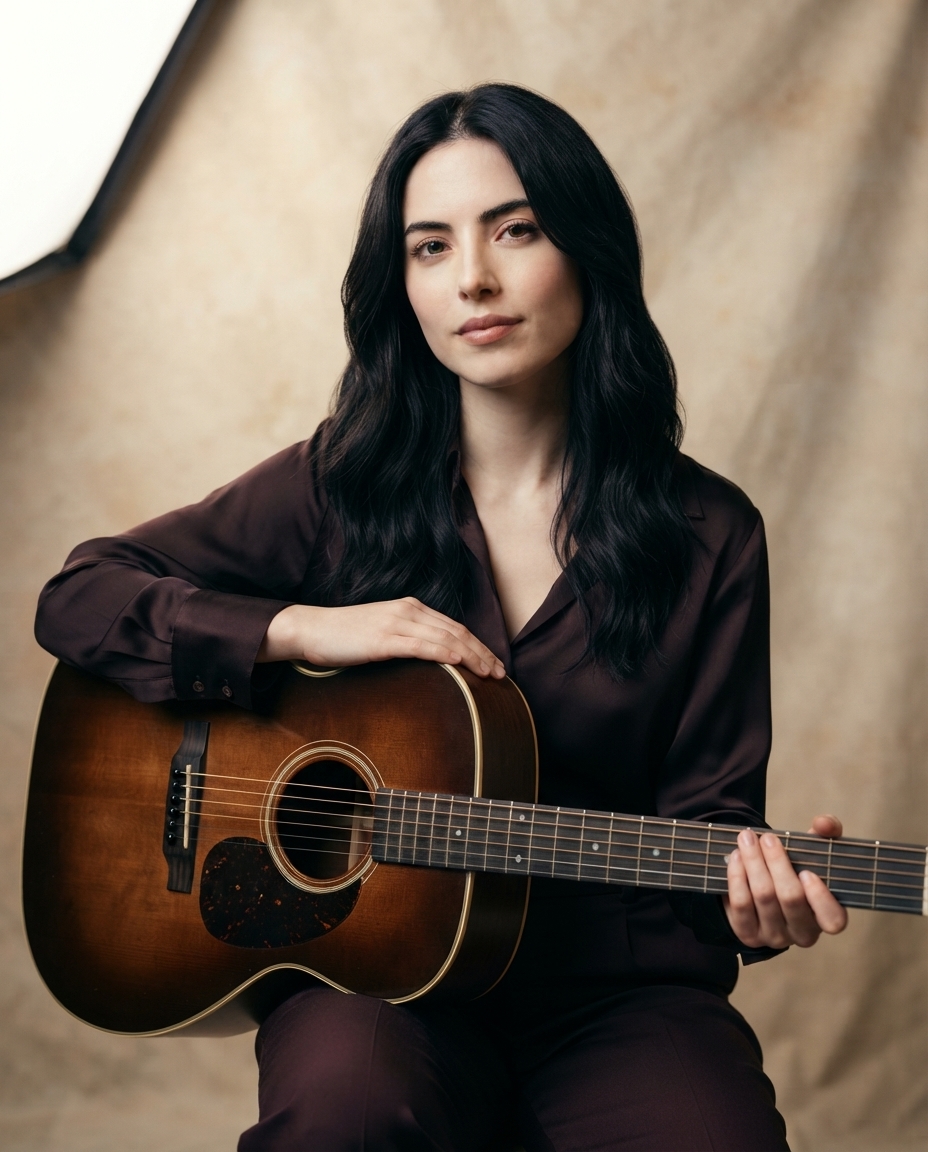 Retrato profissional de Júlia Pace com o violão