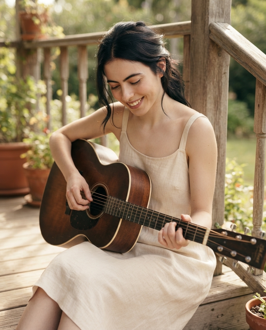 Júlia Pace num momento pessoal e tranquilo com o violão
